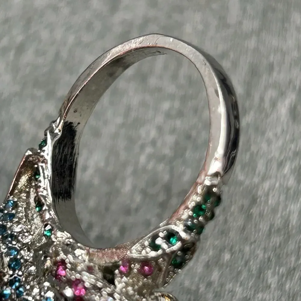 Hummingbird Cocktail Ring Size 9.5 Colorful CZ Flower Pave Bird Band Statement